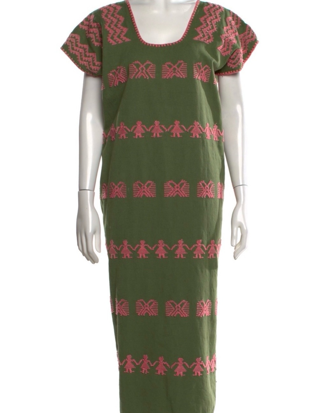 Olive Green Midi Dress with Pink Embroidered Bands